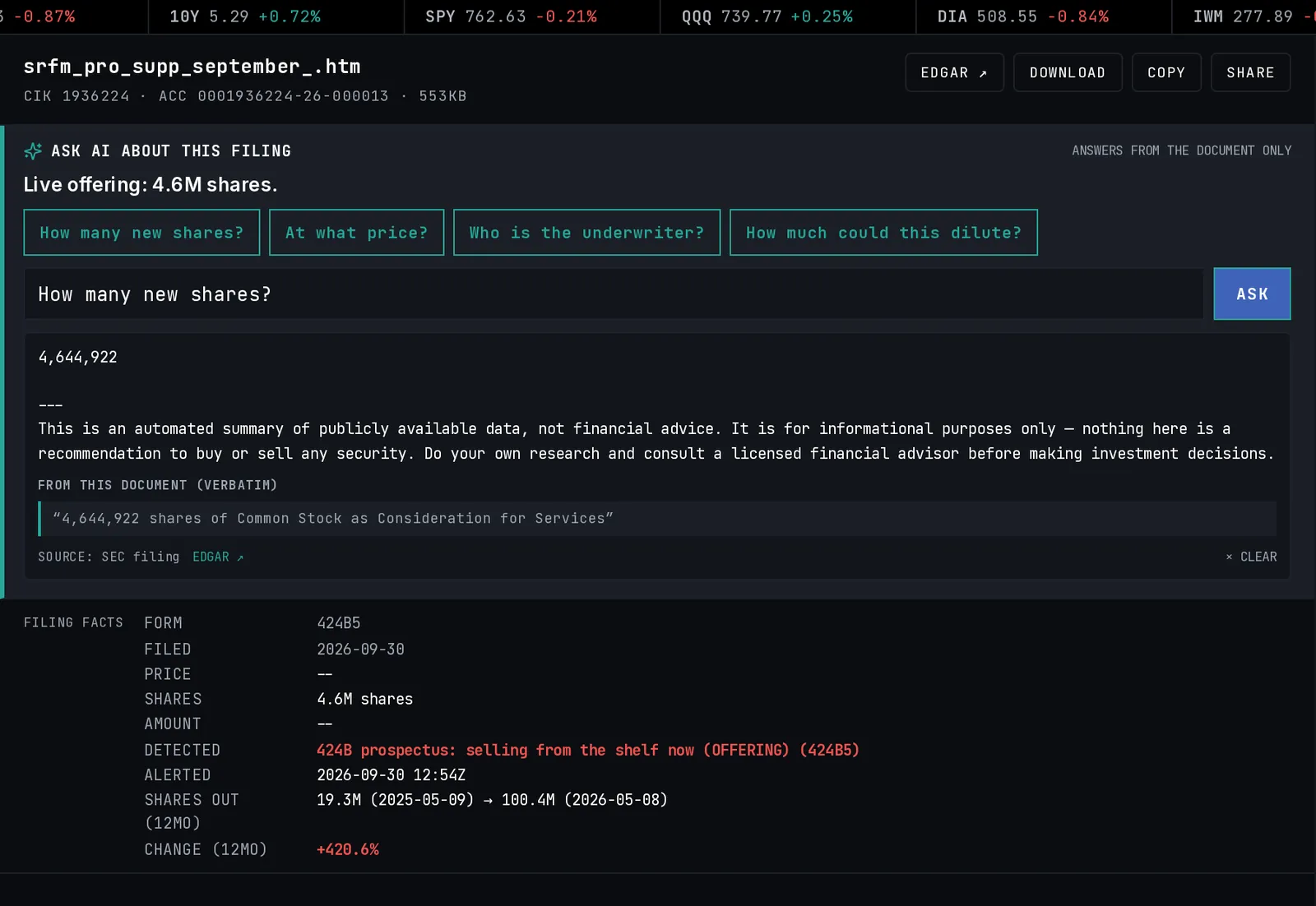 A prospectus open in the filing viewer with the Ask AI panel