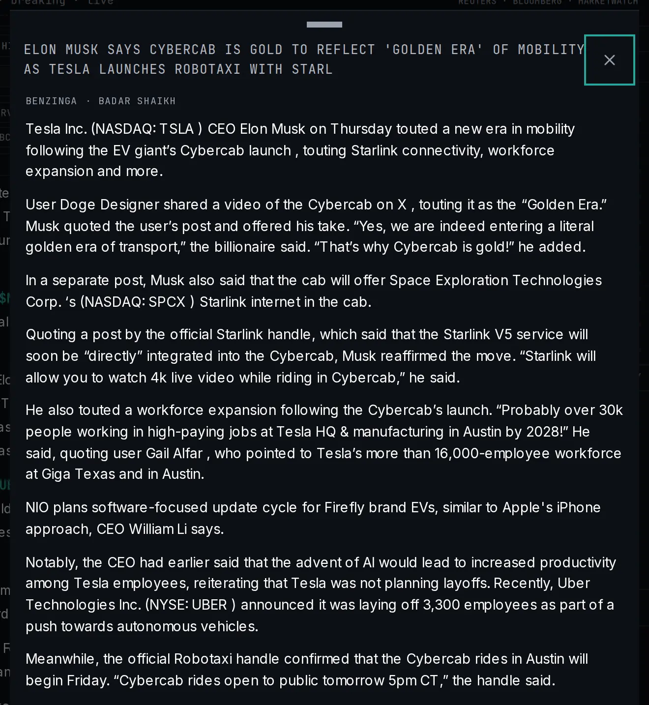 The in-app news reader showing a full article