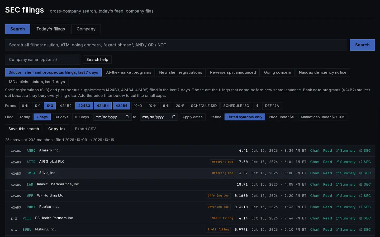 SEC filings search with form type filters and a list of recent shelf and prospectus filings