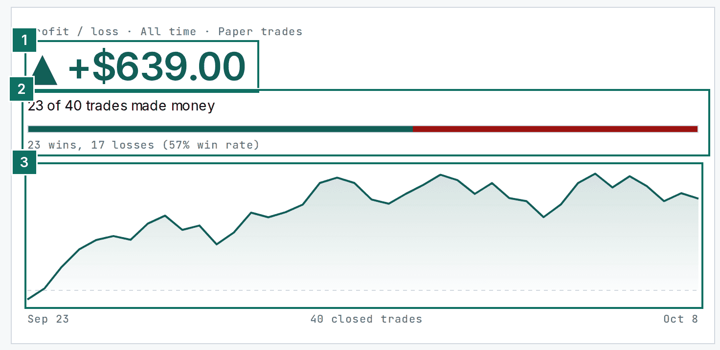 The journal Overview tab with the profit total, the win count and the profit line marked