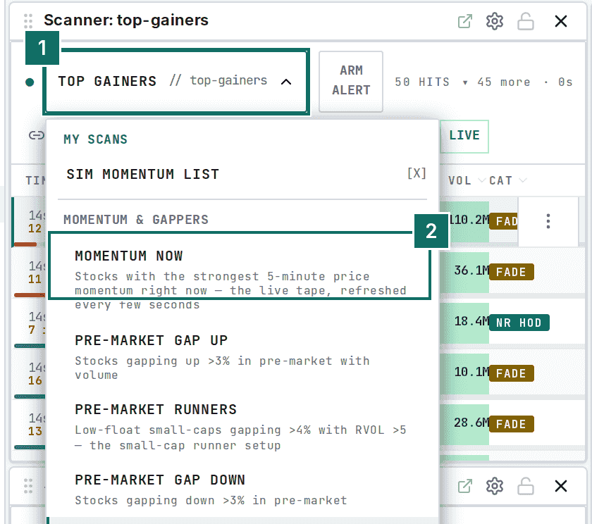 The scan list open on a scanner panel, with Momentum Now at the top