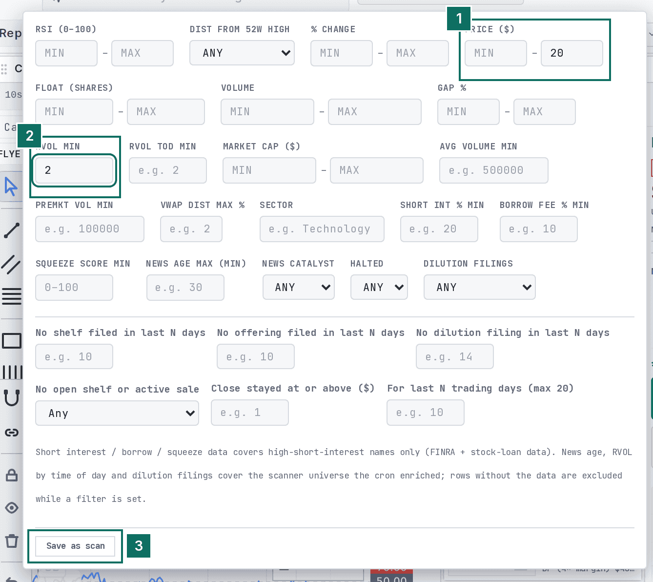 The Advanced filters panel with price, relative volume and the Save as scan button marked