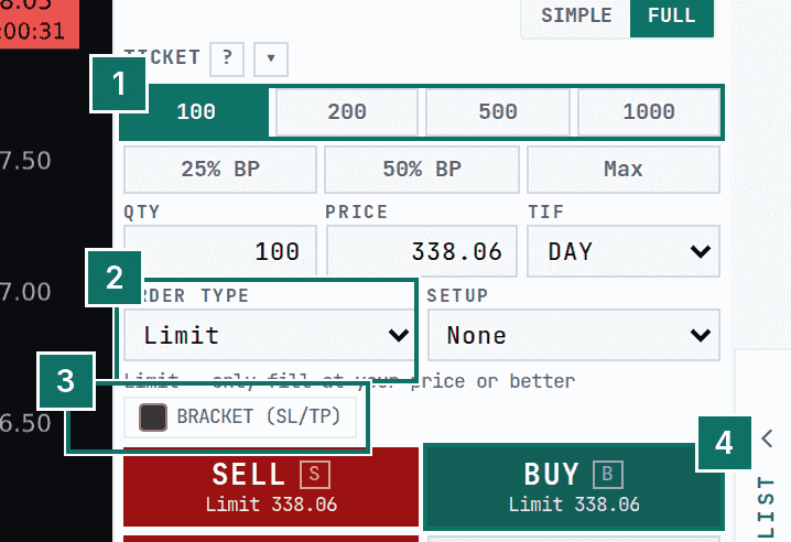 The order ticket with quantity, order type, bracket toggle and the buy button marked