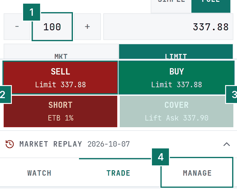 The simulator trade view on a phone with the size, sell and buy buttons and the Manage tab marked