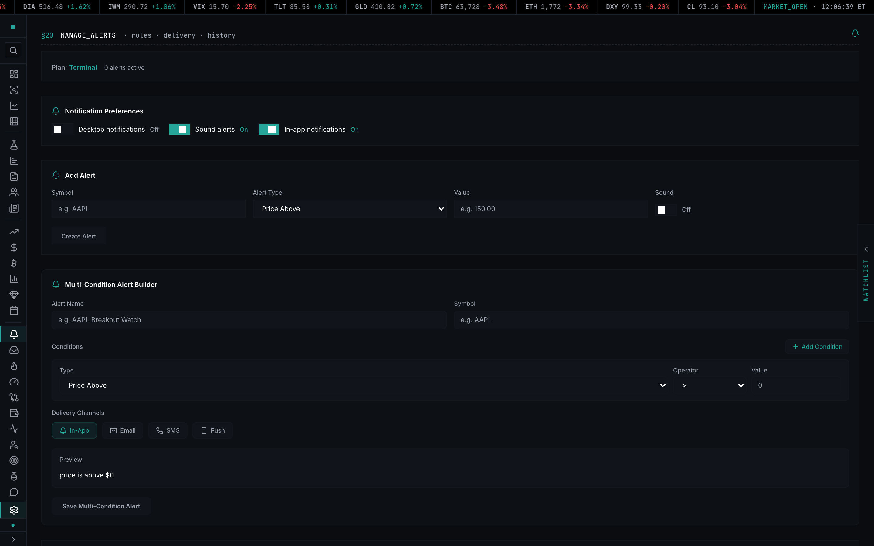 The alerts manager — rules, cadence, and last-fired state
