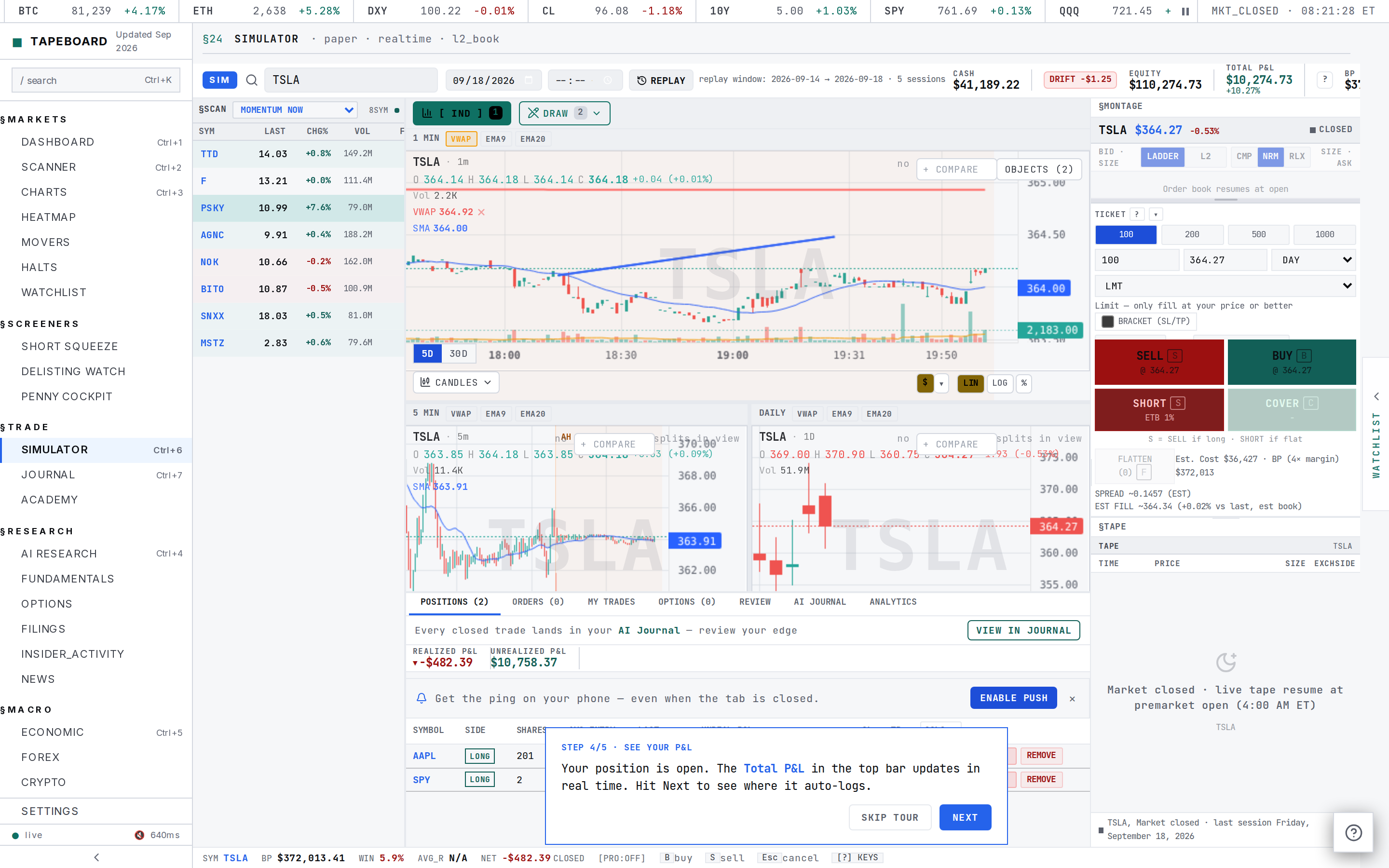 The Positions blotter tab with position rows: symbol, LONG side chip, shares, average entry price, last mark, unrealized P&L, and STOP / SELL ALL / REMOVE buttons on each row