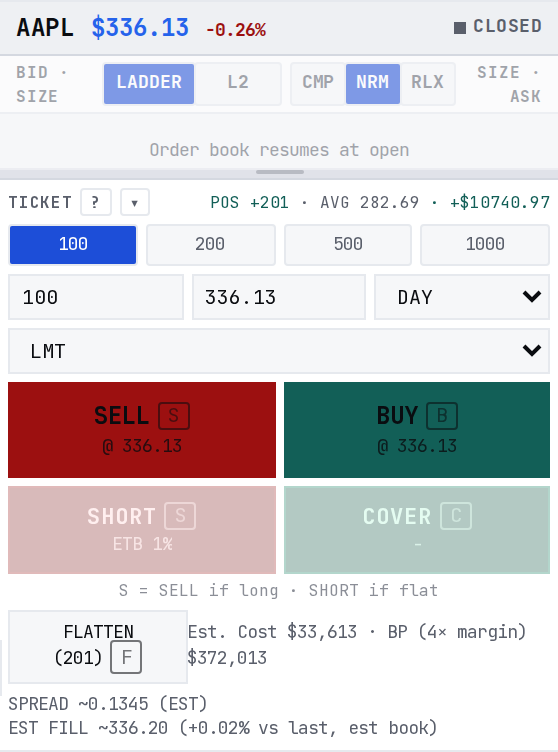 The order ticket close-up: a QTY field with 100/200/500/1000 quick-size chips, an ORDER TYPE dropdown set to MKT, price and stop fields, and a 2x2 action grid with green BUY and red SELL on top and dark SHORT and COVER below, each button showing the ask or bid price it would fill at