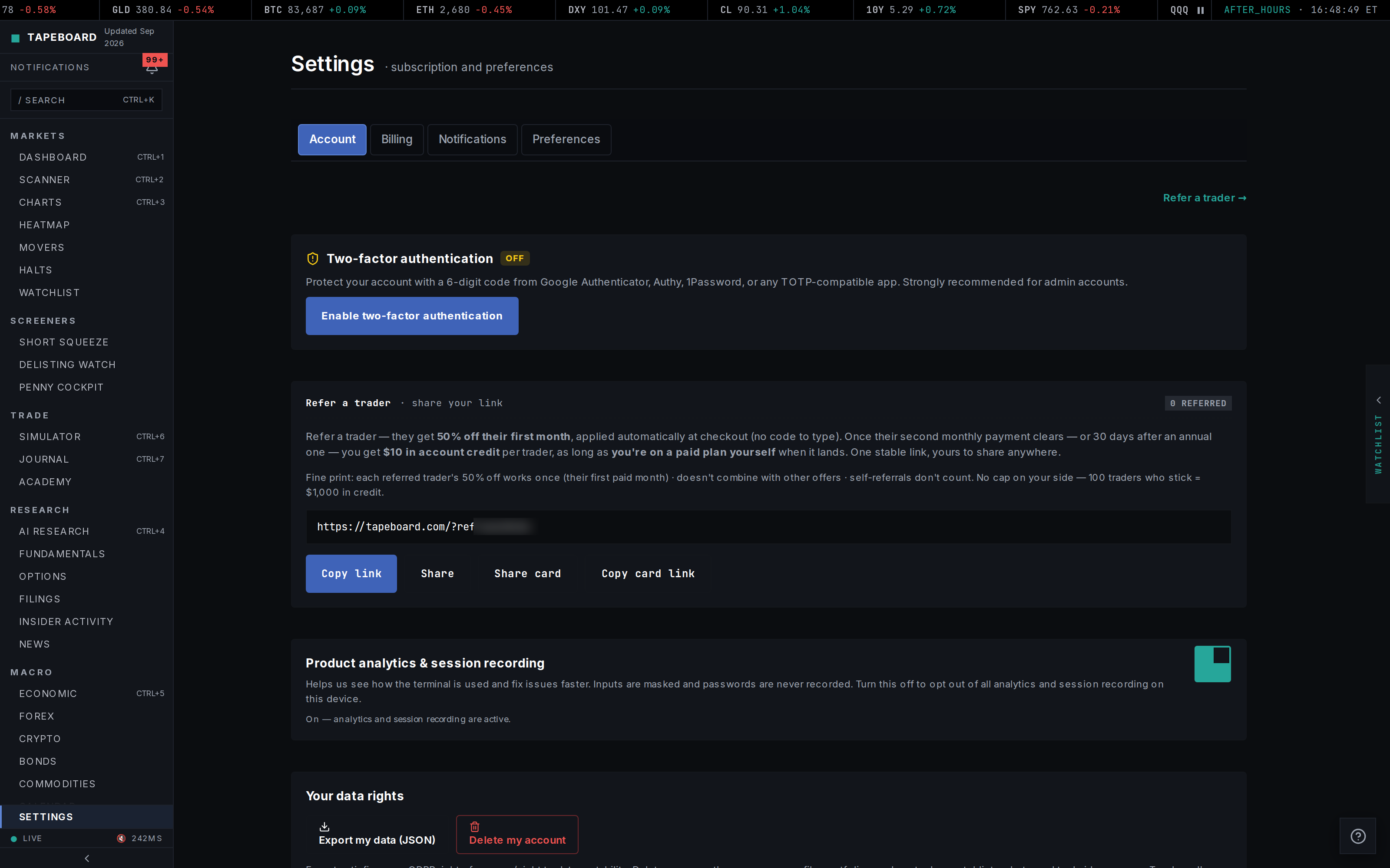 The settings page