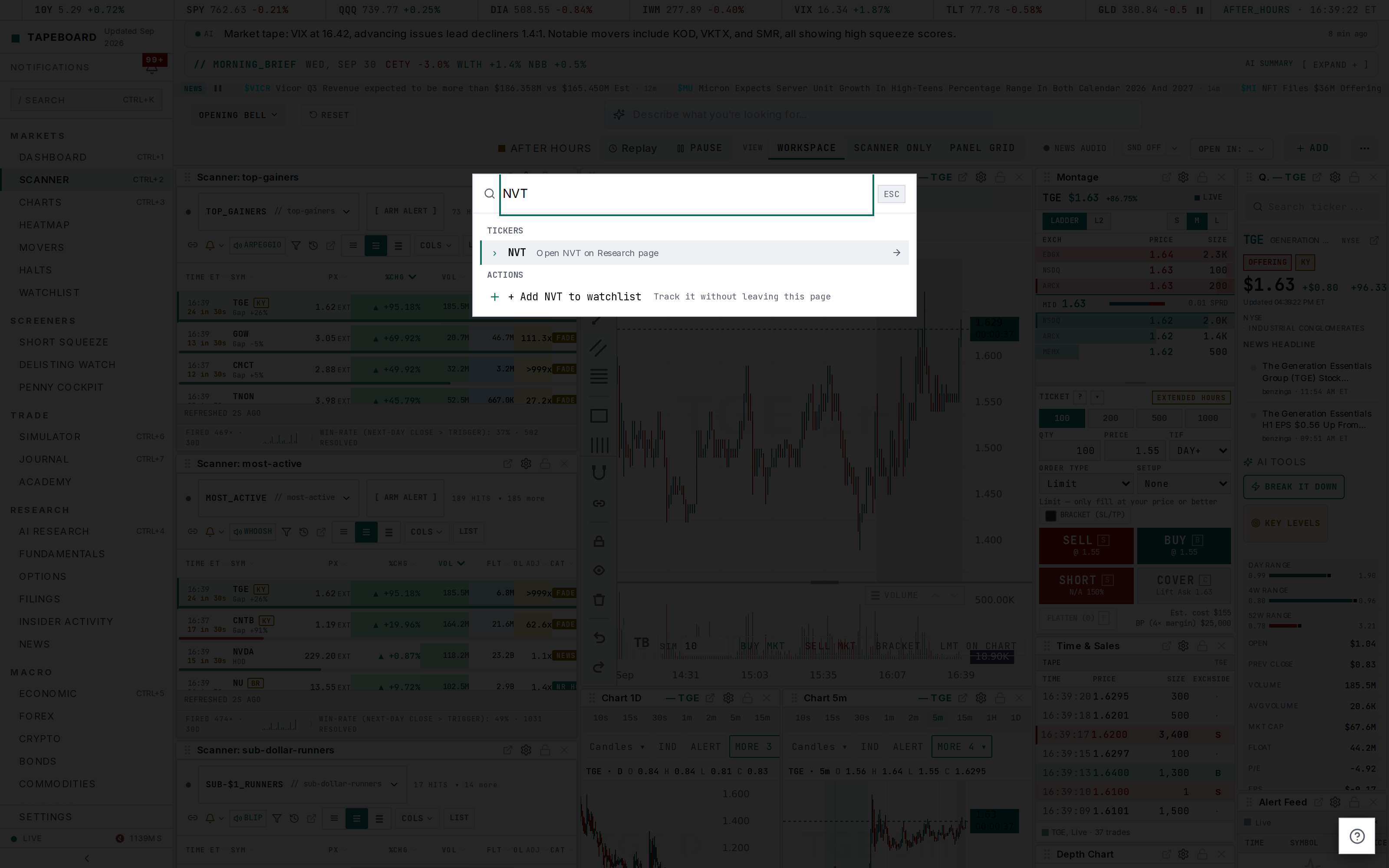 The command palette with a ticker typed in