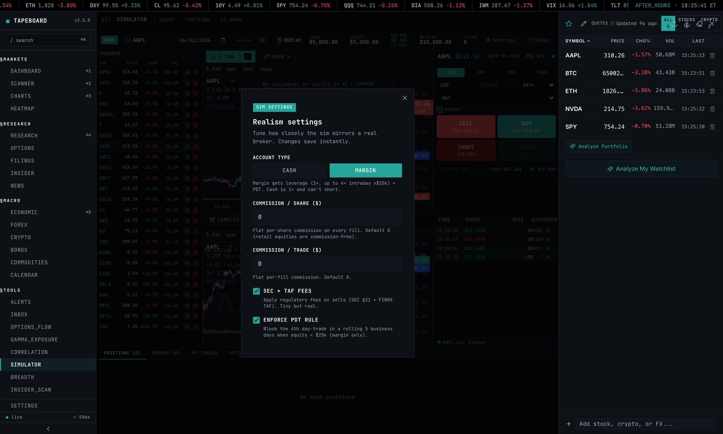 Realism settings, account type, commissions, SEC/TAF fees, and the PDT rule.